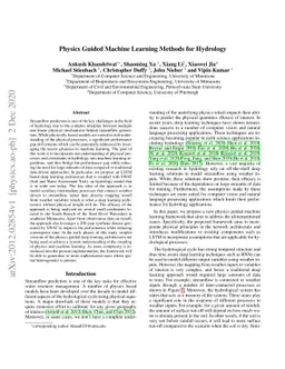 Physics Guided Machine Learning Methods for Hydrology