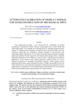 Automated Calibration of Mobile Cameras for 3D Reconstruction of
  Mechanical Pipes
