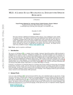 MLS: A Large-Scale Multilingual Dataset for Speech Research