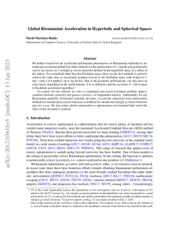 Global Riemannian Acceleration in Hyperbolic and Spherical Spaces