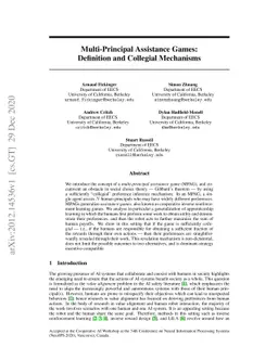 Multi-Principal Assistance Games: Definition and Collegial Mechanisms