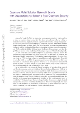 Quantum Multi-Solution Bernoulli Search with Applications to Bitcoin's
  Post-Quantum Security