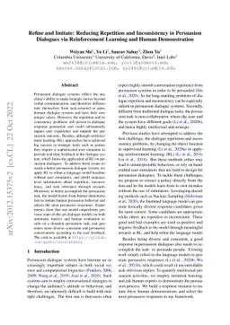 Refine and Imitate: Reducing Repetition and Inconsistency in Persuasion
  Dialogues via Reinforcement Learning and Human Demonstration