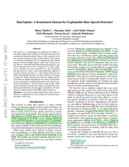 HateXplain: A Benchmark Dataset for Explainable Hate Speech Detection