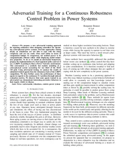 Adversarial Training for a Continuous Robustness Control Problem in
  Power Systems