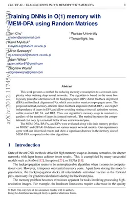 Training DNNs in O(1) memory with MEM-DFA using Random Matrices