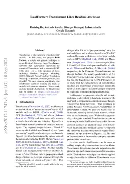 RealFormer: Transformer Likes Residual Attention