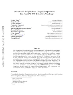 Results and Insights from Diagnostic Questions: The NeurIPS 2020
  Education Challenge