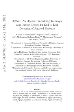 Op2Vec: An Opcode Embedding Technique and Dataset Design for End-to-End
  Detection of Android Malware