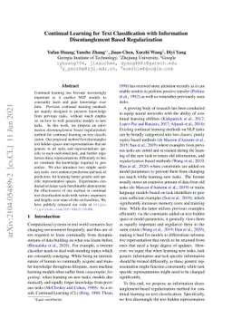 Continual Learning for Text Classification with Information
  Disentanglement Based Regularization