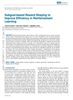 Subgoal-based Reward Shaping to Improve Efficiency in Reinforcement
  Learning