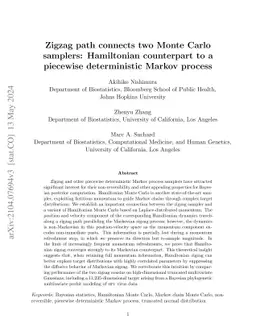 Zigzag path connects two Monte Carlo samplers: Hamiltonian counterpart
  to a piecewise deterministic Markov process