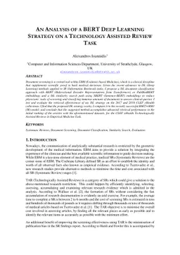 An Analysis of a BERT Deep Learning Strategy on a Technology Assisted
  Review Task