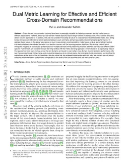 Dual Metric Learning for Effective and Efficient Cross-Domain
  Recommendations
