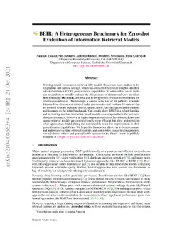 BEIR: A Heterogenous Benchmark for Zero-shot Evaluation of Information
  Retrieval Models