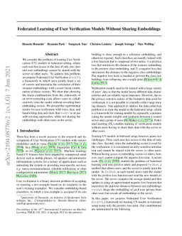 Federated Learning of User Verification Models Without Sharing
  Embeddings
