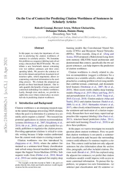 On the Use of Context for Predicting Citation Worthiness of Sentences in
  Scholarly Articles
