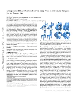 Unsupervised Shape Completion via Deep Prior in the Neural Tangent
  Kernel Perspective