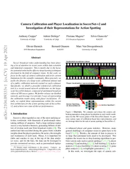Camera Calibration and Player Localization in SoccerNet-v2 and
  Investigation of their Representations for Action Spotting