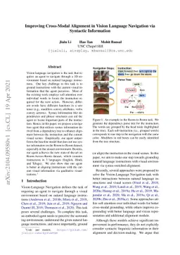 Improving Cross-Modal Alignment in Vision Language Navigation via
  Syntactic Information
