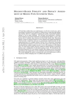 Holdout-Based Fidelity and Privacy Assessment of Mixed-Type Synthetic
  Data