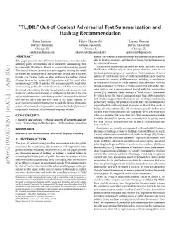 "TL;DR:" Out-of-Context Adversarial Text Summarization and Hashtag
  Recommendation