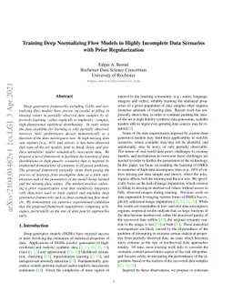 Training Deep Normalizing Flow Models in Highly Incomplete Data
  Scenarios with Prior Regularization