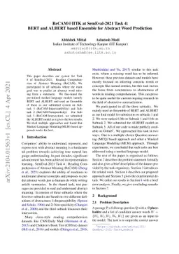 ReCAM@IITK at SemEval-2021 Task 4: BERT and ALBERT based Ensemble for
  Abstract Word Prediction