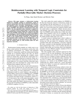 Reinforcement Learning with Temporal Logic Constraints for
  Partially-Observable Markov Decision Processes