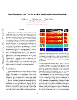 Depth Completion with Twin Surface Extrapolation at Occlusion Boundaries