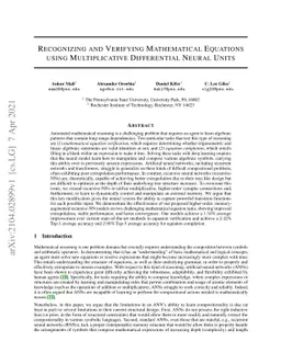 Recognizing and Verifying Mathematical Equations using Multiplicative
  Differential Neural Units