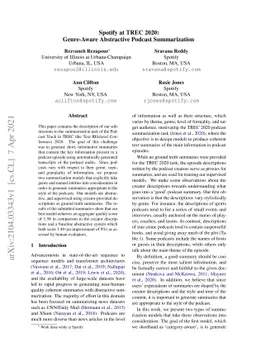 Spotify at TREC 2020: Genre-Aware Abstractive Podcast Summarization