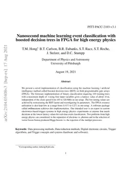 Nanosecond machine learning event classification with boosted decision
  trees in FPGA for high energy physics