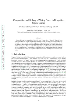 Computation and Bribery of Voting Power in Delegative Simple Games
