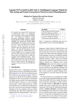 Uppsala NLP at SemEval-2021 Task 2: Multilingual Language Models for
  Fine-tuning and Feature Extraction in Word-in-Context Disambiguation