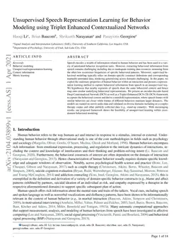 Unsupervised Speech Representation Learning for Behavior Modeling using
  Triplet Enhanced Contextualized Networks
