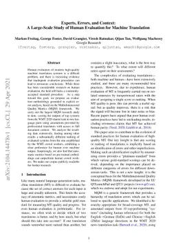 Experts, Errors, and Context: A Large-Scale Study of Human Evaluation
  for Machine Translation