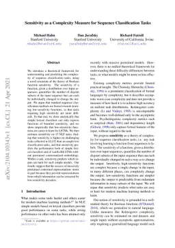 Sensitivity as a Complexity Measure for Sequence Classification Tasks