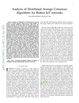 Analysis of Distributed Average Consensus Algorithms for Robust IoT
  networks