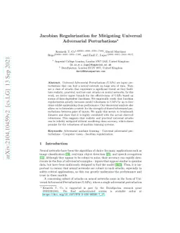 Jacobian Regularization for Mitigating Universal Adversarial
  Perturbations