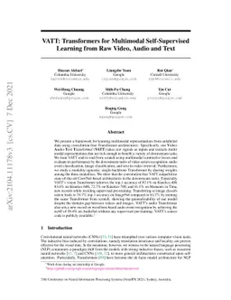 VATT: Transformers for Multimodal Self-Supervised Learning from Raw
  Video, Audio and Text