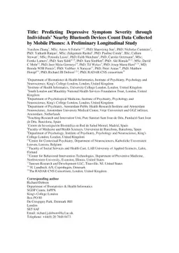 Predicting Depressive Symptom Severity through Individuals' Nearby
  Bluetooth Devices Count Data Collected by Mobile Phones: A Preliminary
  Longitudinal Study
