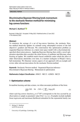 Discriminative Bayesian filtering lends momentum to the stochastic
  Newton method for minimizing log-convex functions