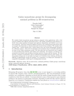 Galois/monodromy groups for decomposing minimal problems in 3D
  reconstruction