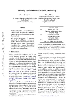 Restoring Hebrew Diacritics Without a Dictionary