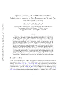 Optimal Uniform OPE and Model-based Offline Reinforcement Learning in
  Time-Homogeneous, Reward-Free and Task-Agnostic Settings