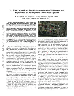 An Upper Confidence Bound for Simultaneous Exploration and Exploitation
  in Heterogeneous Multi-Robot Systems