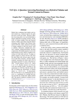 TAT-QA: A Question Answering Benchmark on a Hybrid of Tabular and
  Textual Content in Finance