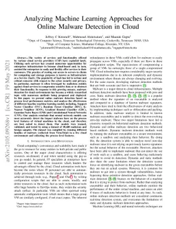 Analyzing Machine Learning Approaches for Online Malware Detection in
  Cloud