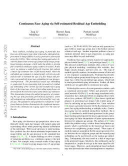 Continuous Face Aging via Self-estimated Residual Age Embedding
